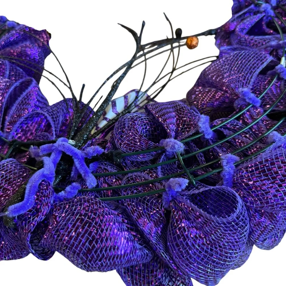 Handmade Purple Halloween Deco Mesh Wreath with Ribbon Bow, Spiders & Webs 20